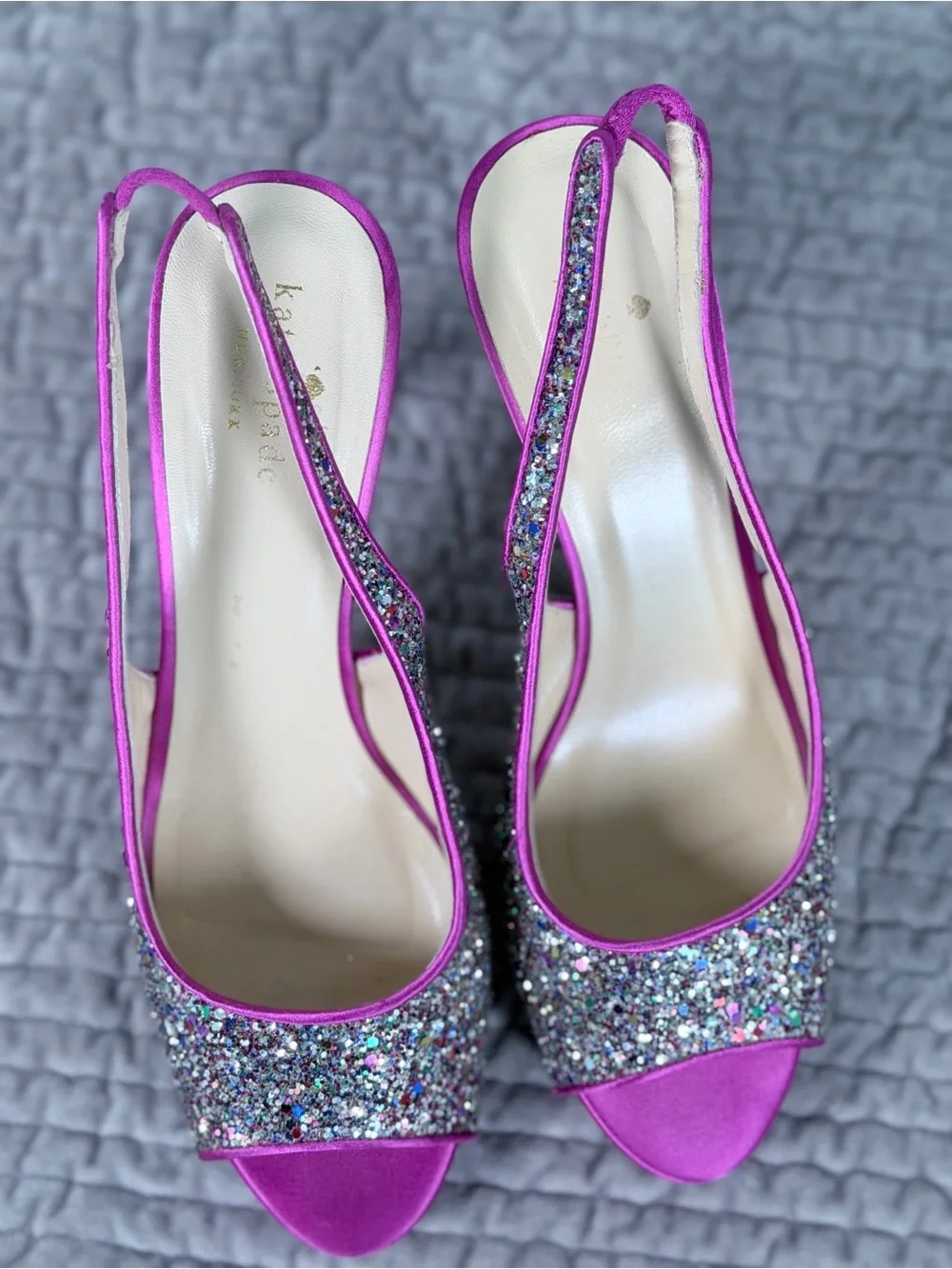 KATE SPADE Glitzy Fuschia Pink Glitter Slingback Peep-toe Platform Heels Size 8B